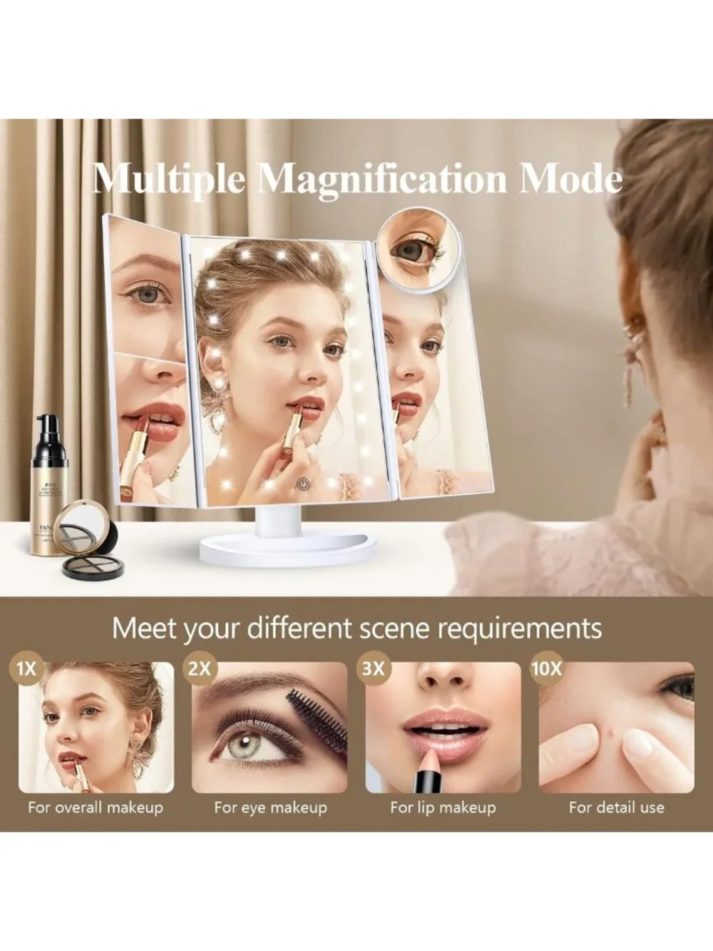 Trifold LED Makeup Mirror with 2X/3X/10X Magnification, Touch Dimming, Dual